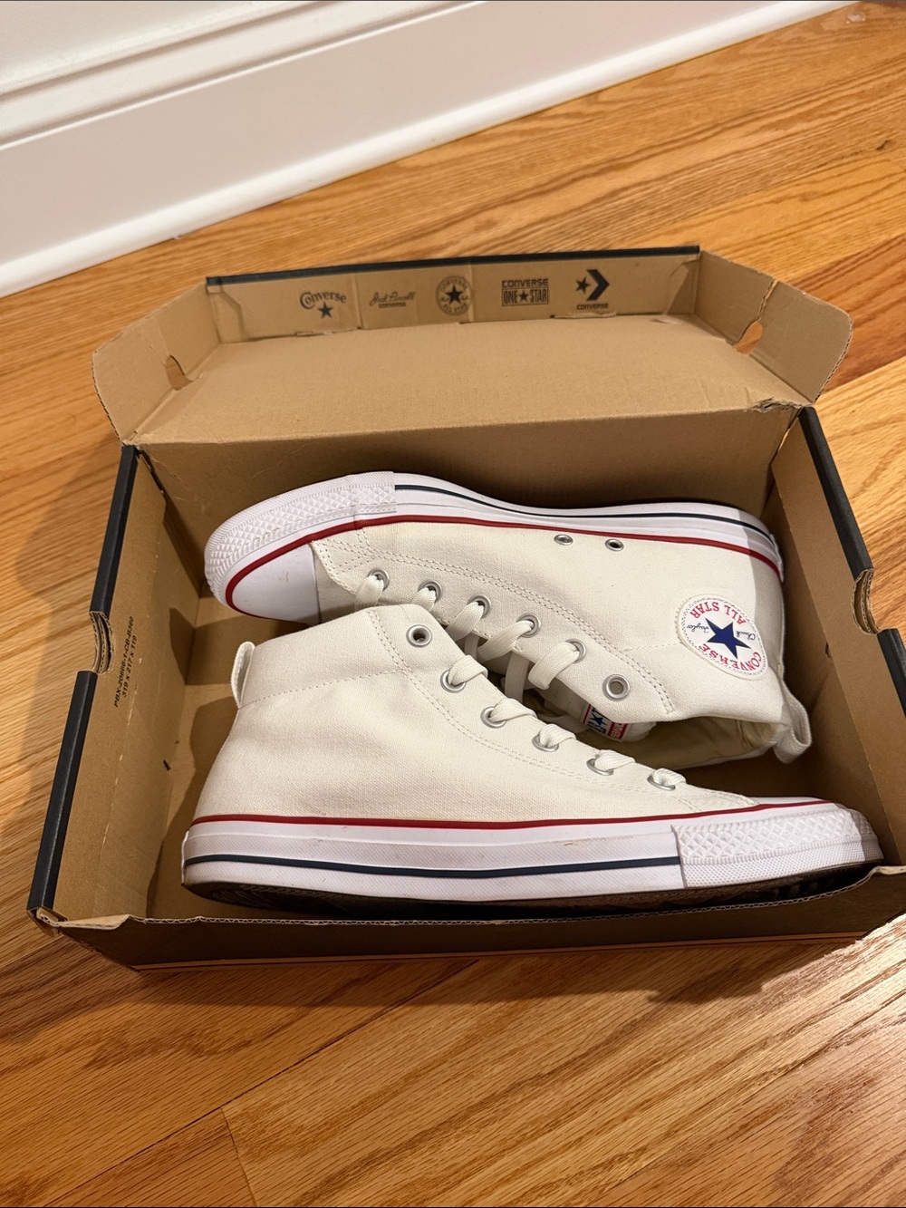 Converse Kids High Top Sneakers in White with Red & Black Trim